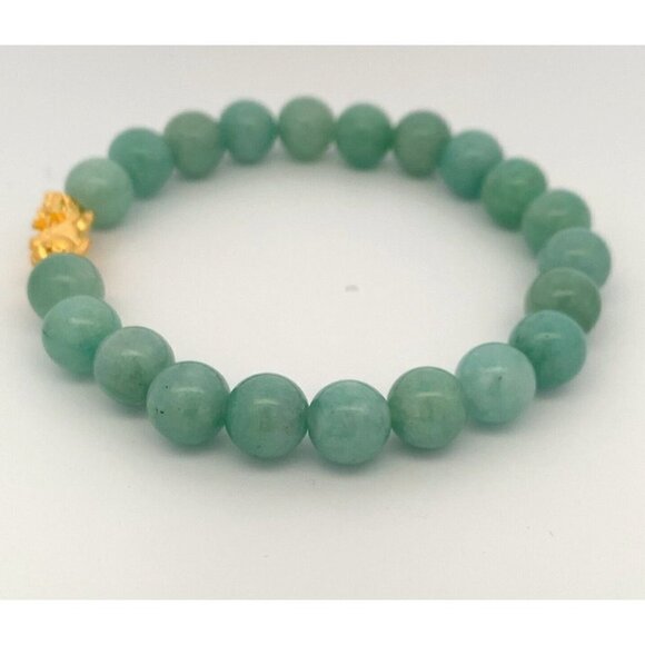 Natural Aventurine Stretchable Bracelet Size 7.5 with 24K Gold Dragon Fortune Pi - Picture 2 of 8